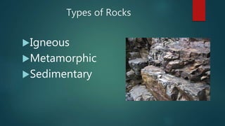 Types of Rocks
Igneous
Metamorphic
Sedimentary
 