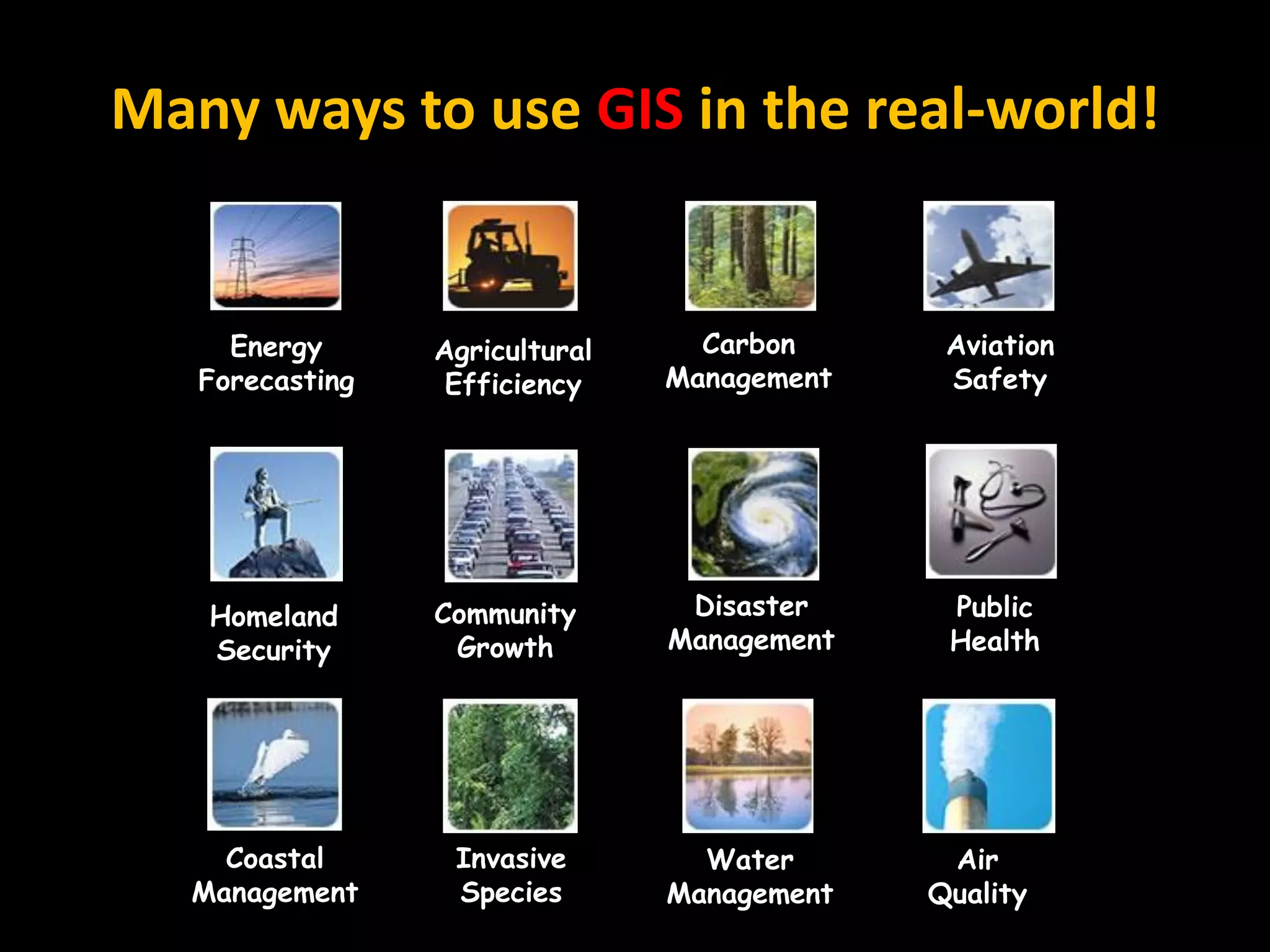 Many ways to use GIS in the real-world!


     Energy      Agricultural     Carbon      Aviation
   Forecasting    Efficiency    Management    Safety




    Homeland     Community       Disaster     Public
    Security      Growth        Management    Health




     Coastal      Invasive        Water       Air
   Management     Species       Management   Quality
 