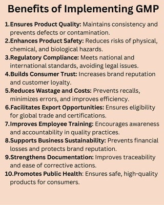 Benefits of Implementing GMP
1.Ensures Product Quality: Maintains consistency and
prevents defects or contamination.
2.Enhances Product Safety: Reduces risks of physical,
chemical, and biological hazards.
3.Regulatory Compliance: Meets national and
international standards, avoiding legal issues.
4.Builds Consumer Trust: Increases brand reputation
and customer loyalty.
5.Reduces Wastage and Costs: Prevents recalls,
minimizes errors, and improves efficiency.
6.Facilitates Export Opportunities: Ensures eligibility
for global trade and certifications.
7.Improves Employee Training: Encourages awareness
and accountability in quality practices.
8.Supports Business Sustainability: Prevents financial
losses and protects brand reputation.
9.Strengthens Documentation: Improves traceability
and ease of corrective actions.
10.Promotes Public Health: Ensures safe, high-quality
products for consumers.
 