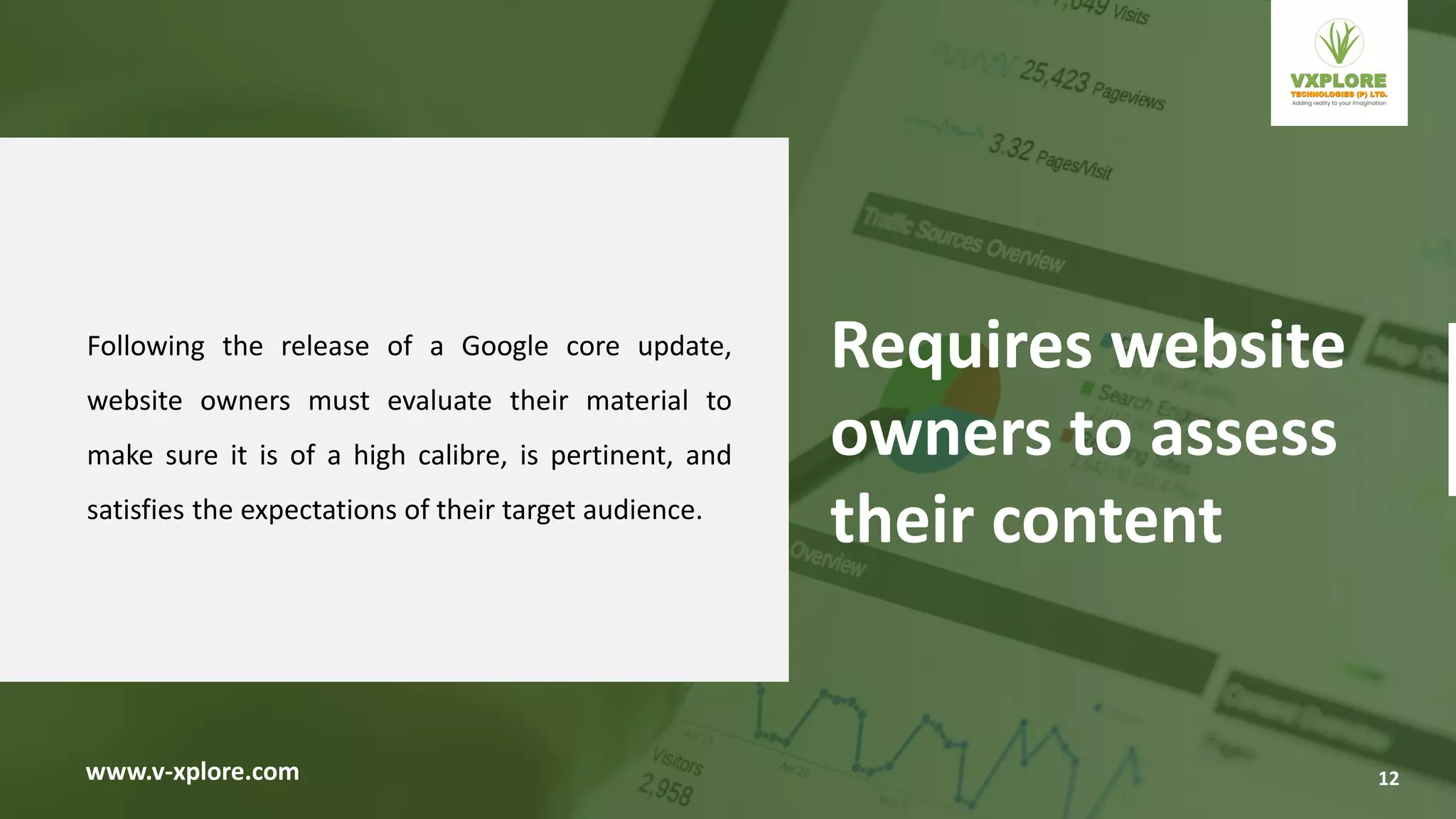 Following the release of a Google core update,
website owners must evaluate their material to
make sure it is of a high calibre, is pertinent, and
satisfies the expectations of their target audience.
www.v-xplore.com
Requires website
owners to assess
their content
12
 