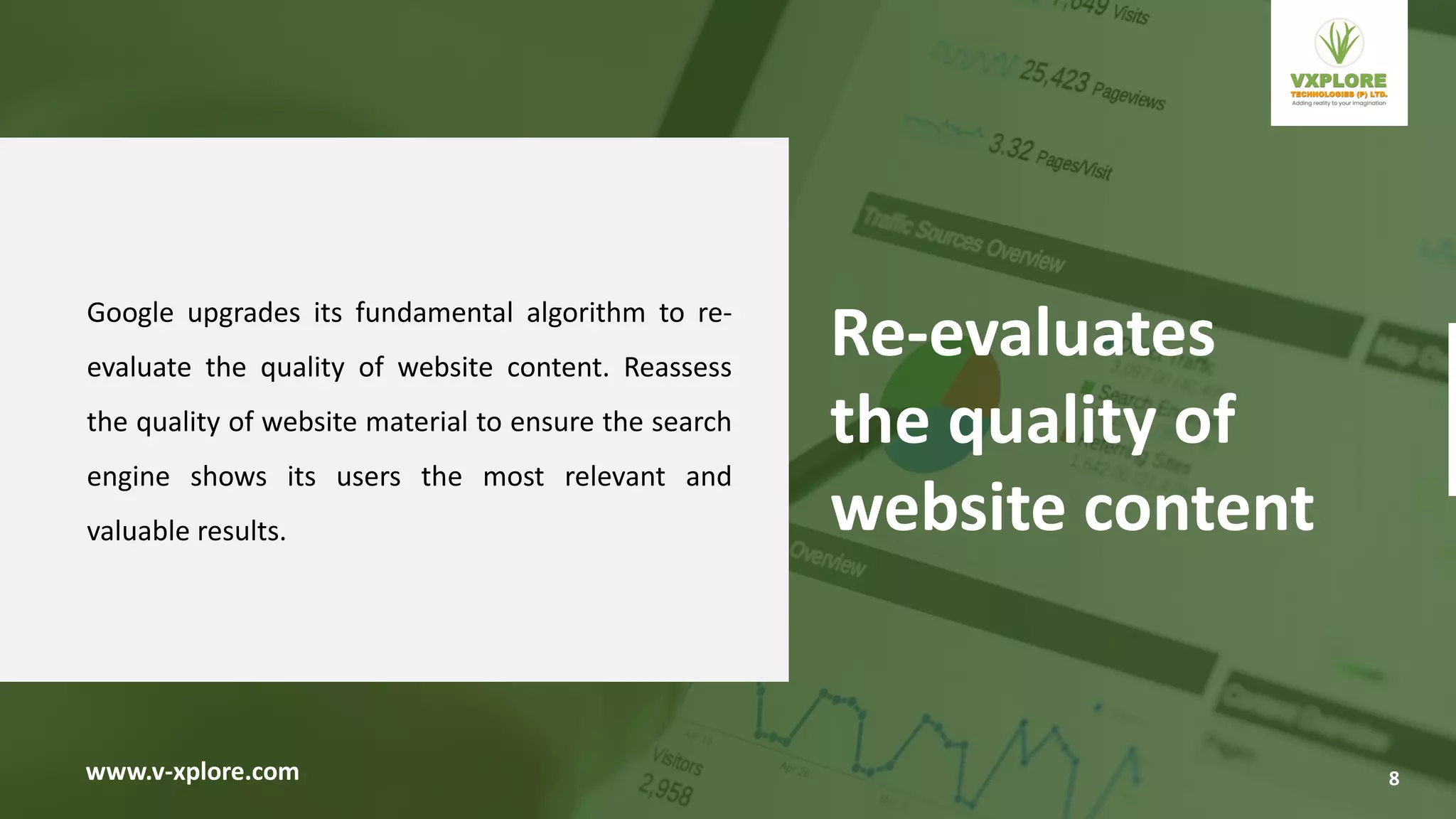 Google upgrades its fundamental algorithm to re-
evaluate the quality of website content. Reassess
the quality of website material to ensure the search
engine shows its users the most relevant and
valuable results.
www.v-xplore.com
Re-evaluates
the quality of
website content
8
 