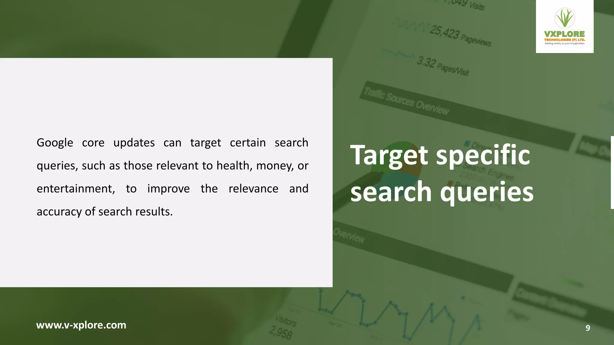 Google core updates can target certain search
queries, such as those relevant to health, money, or
entertainment, to improve the relevance and
accuracy of search results.
www.v-xplore.com
Target specific
search queries
9
 