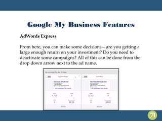 Google My Business Features 
AdWords Express 
From here, you can make some decisions—are you getting a 
large enough return on your investment? Do you need to 
deactivate some campaigns? All of this can be done from the 
drop down arrow next to the ad name. 
 