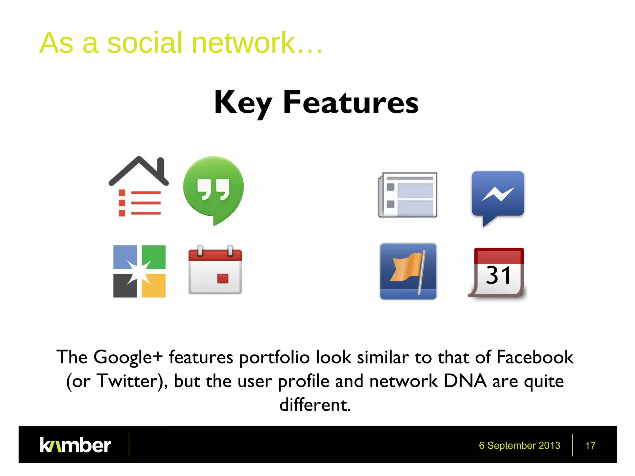 6 September 2013 17
As a social network…
The Google+ features portfolio look similar to that of Facebook
(or Twitter), but the user profile and network DNA are quite
different.
Key Features
 