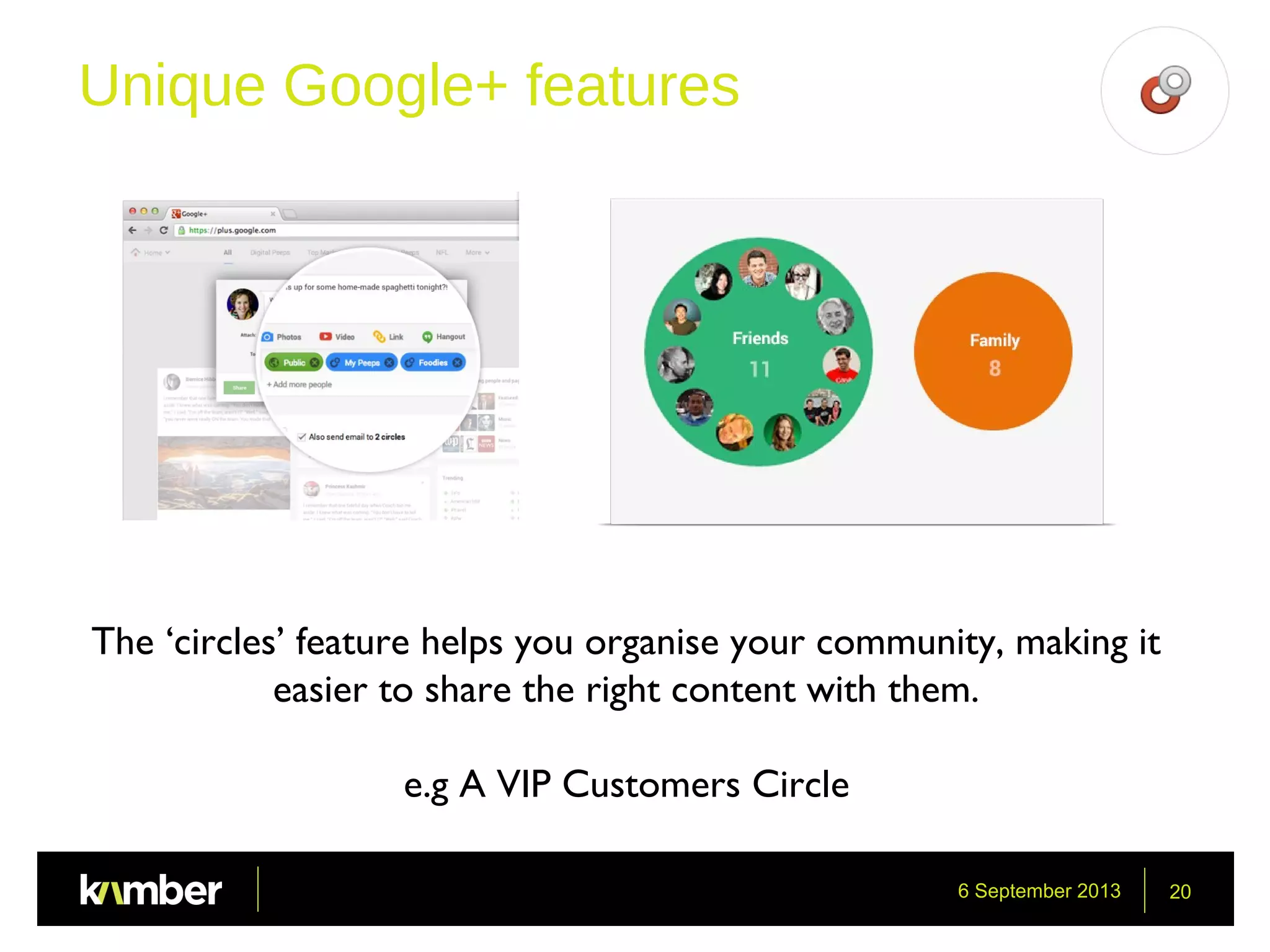 6 September 2013 20
Unique Google+ features
The ‘circles’ feature helps you organise your community, making it
easier to share the right content with them.
e.g A VIP Customers Circle
 