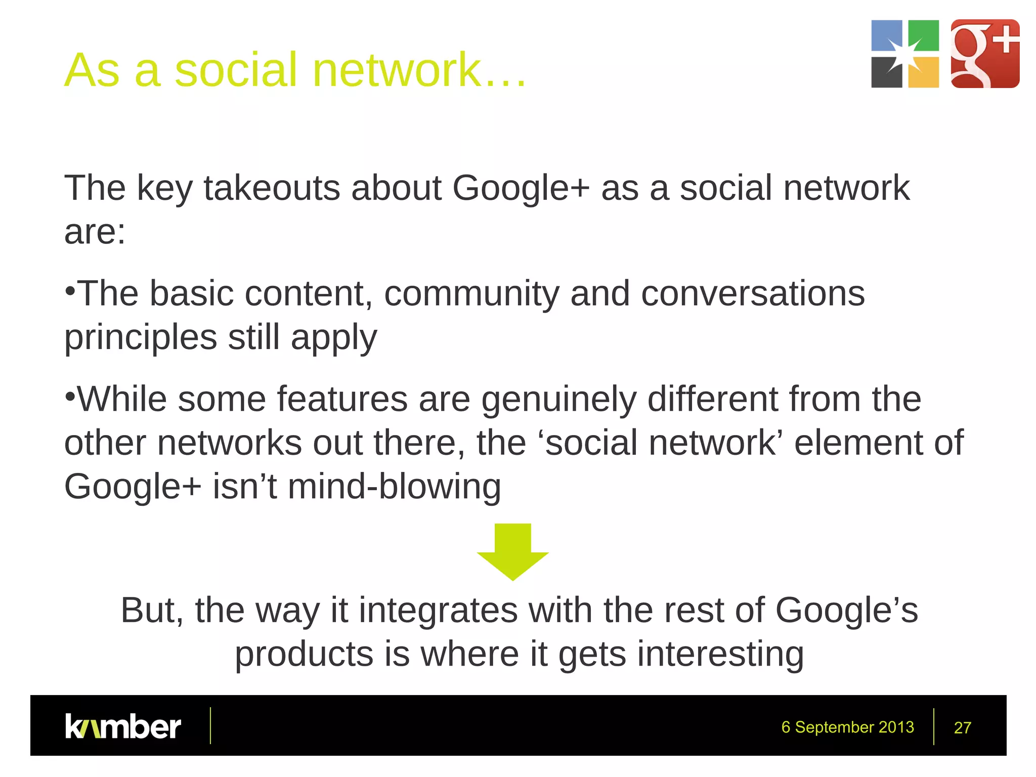 6 September 2013 27
As a social network…
The key takeouts about Google+ as a social network
are:
•The basic content, community and conversations
principles still apply
•While some features are genuinely different from the
other networks out there, the ‘social network’ element of
Google+ isn’t mind-blowing
But, the way it integrates with the rest of Google’s
products is where it gets interesting
 