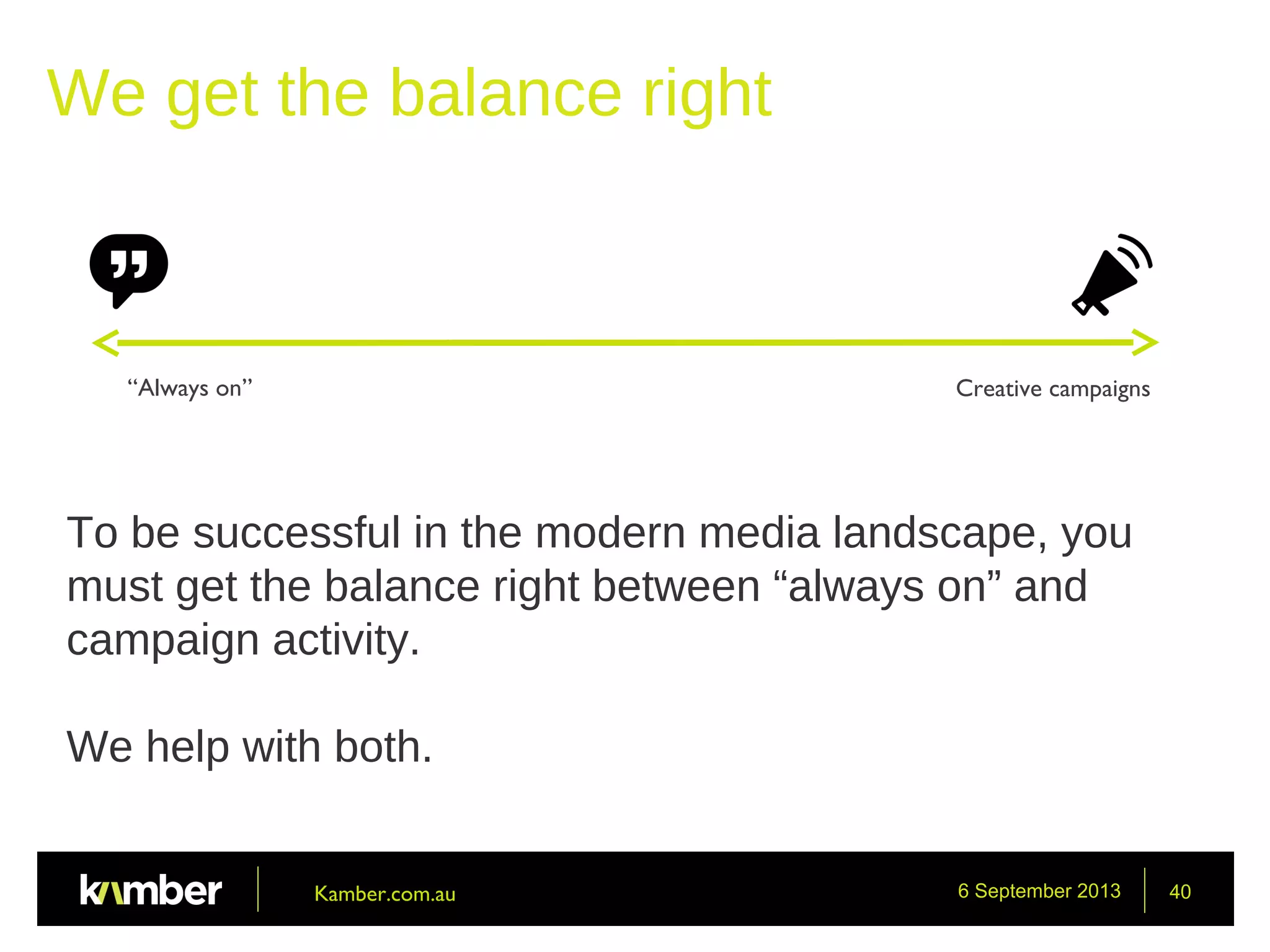 6 September 2013 40
We get the balance right
To be successful in the modern media landscape, you
must get the balance right between “always on” and
campaign activity.
We help with both.
“Always on” Creative campaigns
Kamber.com.au
 