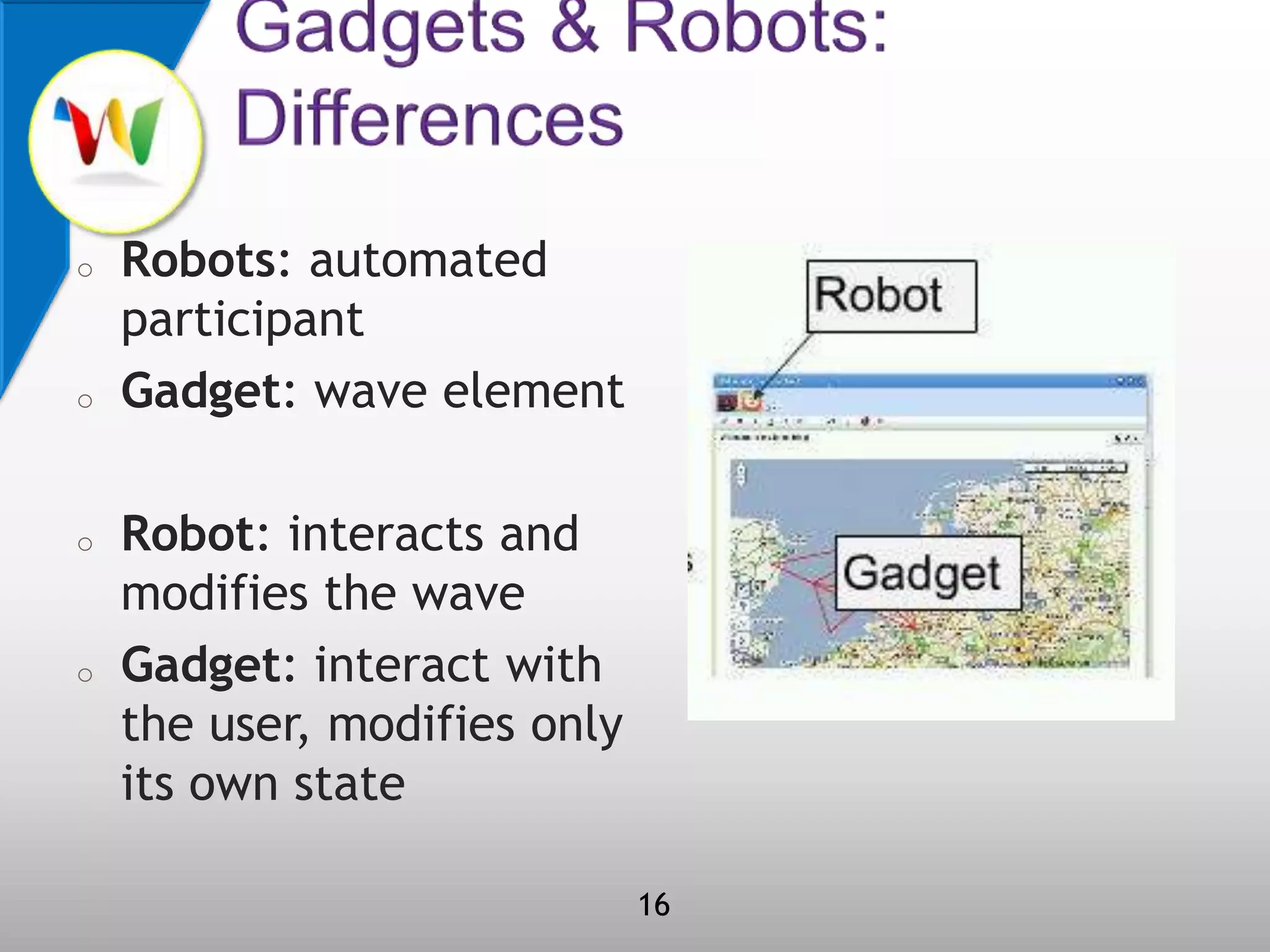Gadgets & Robots: DifferencesRobots: automated participantGadget: wave elementRobot: interacts and modifies the waveGadget: interact with the user, modifies only its own state16