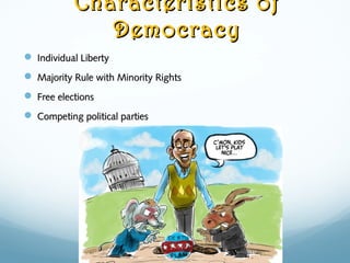 Characteristics ofCharacteristics of
DemocracyDemocracy
 Individual LibertyIndividual Liberty
 Majority Rule with Minority RightsMajority Rule with Minority Rights
 Free electionsFree elections
 Competing political partiesCompeting political parties
 