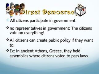 Direct DemocracyDirect Democracy
All citizens participate in governmentAll citizens participate in government..
All citizens can create public policy if they wantAll citizens can create public policy if they want
to.to.
Ex: In ancient Athens, Greece, they heldEx: In ancient Athens, Greece, they held
assemblies where citizens voted to pass laws.assemblies where citizens voted to pass laws.
no representatives in government: The citizensno representatives in government: The citizens
vote on everything!vote on everything!
 