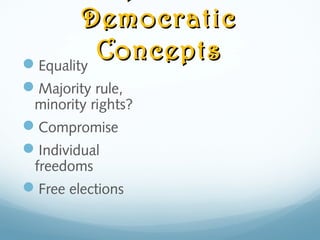 DemocraticDemocratic
ConceptsConceptsEquality
Majority rule,
minority rights?
Compromise
Individual
freedoms
Free elections
 