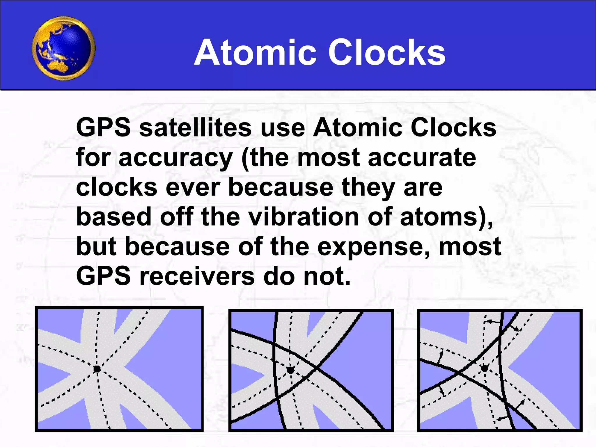 Atomic Clocks GPS satellites use Atomic Clocks for accuracy (the most accurate clocks ever because they are based off the vibration of atoms), but because of the expense, most GPS receivers do not.  