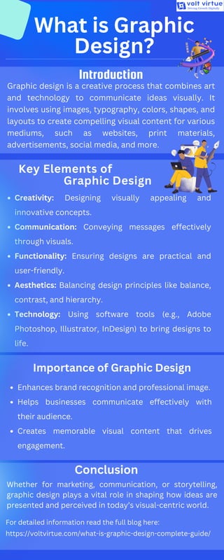 Creativity: Designing visually appealing and
innovative concepts.
Communication: Conveying messages effectively
through visuals.
Functionality: Ensuring designs are practical and
user-friendly.
Aesthetics: Balancing design principles like balance,
contrast, and hierarchy.
Technology: Using software tools (e.g., Adobe
Photoshop, Illustrator, InDesign) to bring designs to
life.
Conclusion
Key Elements of
Graphic Design
Importance of Graphic Design
Enhances brand recognition and professional image.
Helps businesses communicate effectively with
their audience.
Creates memorable visual content that drives
engagement.
Whether for marketing, communication, or storytelling,
graphic design plays a vital role in shaping how ideas are
presented and perceived in today’s visual-centric world.
What is Graphic
Design?
Introduction
Graphic design is a creative process that combines art
and technology to communicate ideas visually. It
involves using images, typography, colors, shapes, and
layouts to create compelling visual content for various
mediums, such as websites, print materials,
advertisements, social media, and more.
For detailed information read the full blog here:
https://voltvirtue.com/what-is-graphic-design-complete-guide/
 