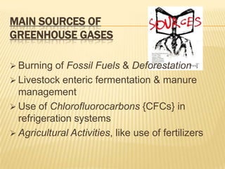 MAIN SOURCES OF
GREENHOUSE GASES

 Burning  of Fossil Fuels & Deforestation
 Livestock enteric fermentation & manure
  management
 Use of Chlorofluorocarbons {CFCs} in
  refrigeration systems
 Agricultural Activities, like use of fertilizers
 