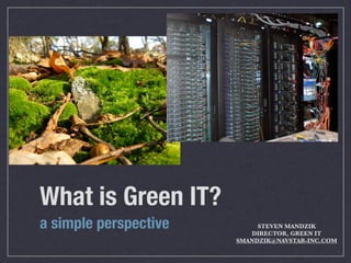 What is Green IT?	
a simple perspective        STEVEN MANDZIK
                          DIRECTOR, GREEN IT
                       SMANDZIK@NAVSTAR-INC.COM
 