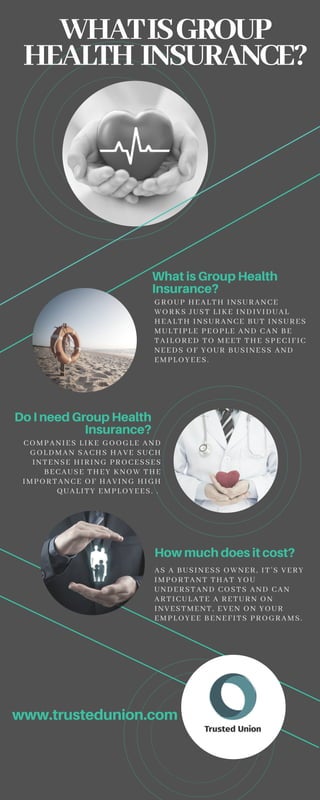 WHATISGROUP
HEALTH INSURANCE?
GROUP HEALTH INSURANCE
WORKS JUST LIKE INDIVIDUAL
HEALTH INSURANCE BUT INSURES
MULTIPLE PEOPLE AND CAN BE
TAILORED TO MEET THE SPECIFIC
NEEDS OF YOUR BUSINESS AND
EMPLOYEES.
AS A BUSINESS OWNER, IT’S VERY
IMPORTANT THAT YOU
UNDERSTAND COSTS AND CAN
ARTICULATE A RETURN ON
INVESTMENT, EVEN ON YOUR
EMPLOYEE BENEFITS PROGRAMS.
What is Group Health
Insurance?
How much does it cost?
www.trustedunion.com
COMPANIES LIKE GOOGLE AND
GOLDMAN SACHS HAVE SUCH
INTENSE HIRING PROCESSES
BECAUSE THEY KNOW THE
IMPORTANCE OF HAVING HIGH
QUALITY EMPLOYEES. . 
Do I need Group Health
Insurance?
 