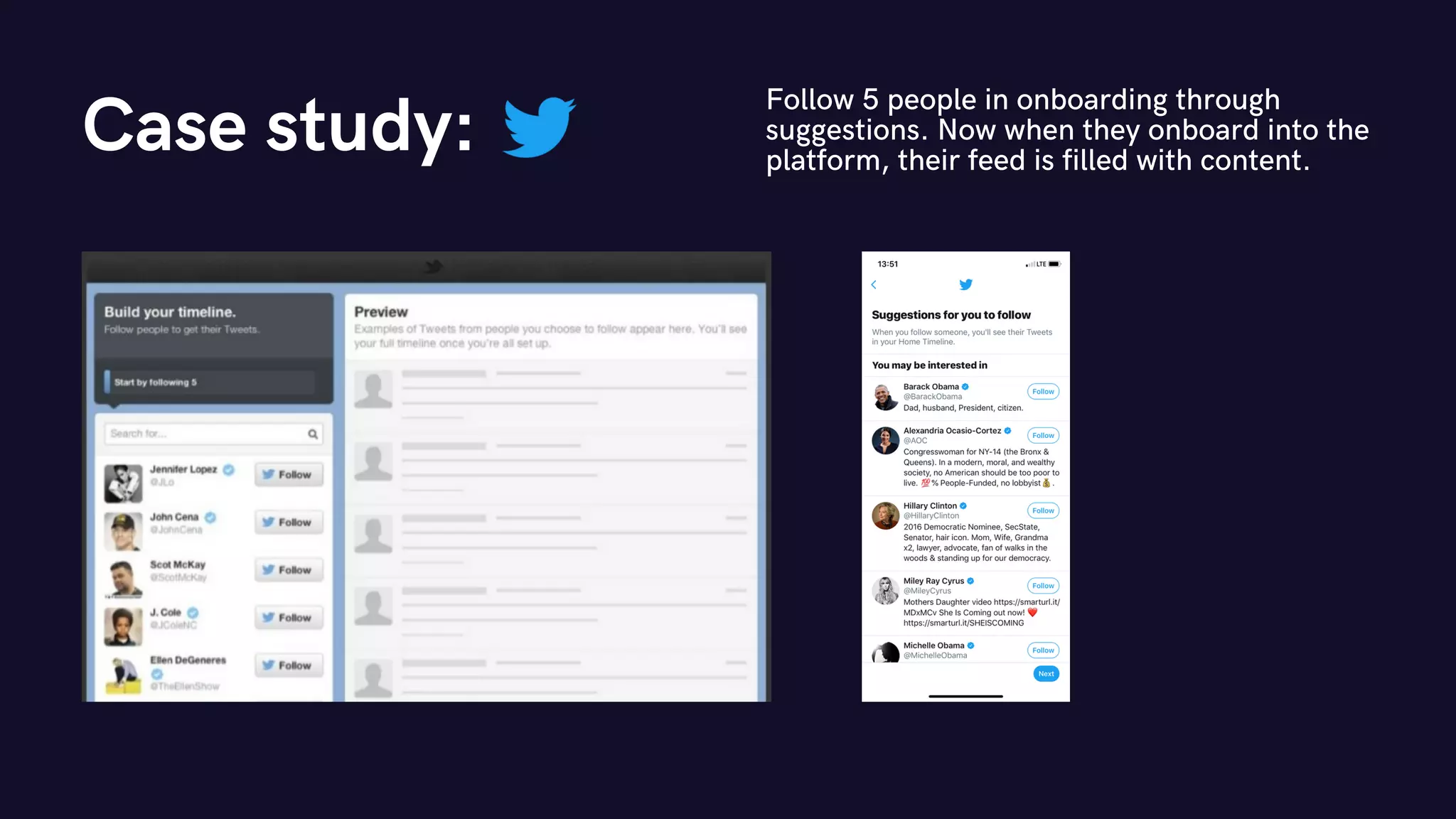 Case study: Follow 5 people in onboarding through
suggestions. Now when they onboard into the
platform, their feed is filled with content.
 