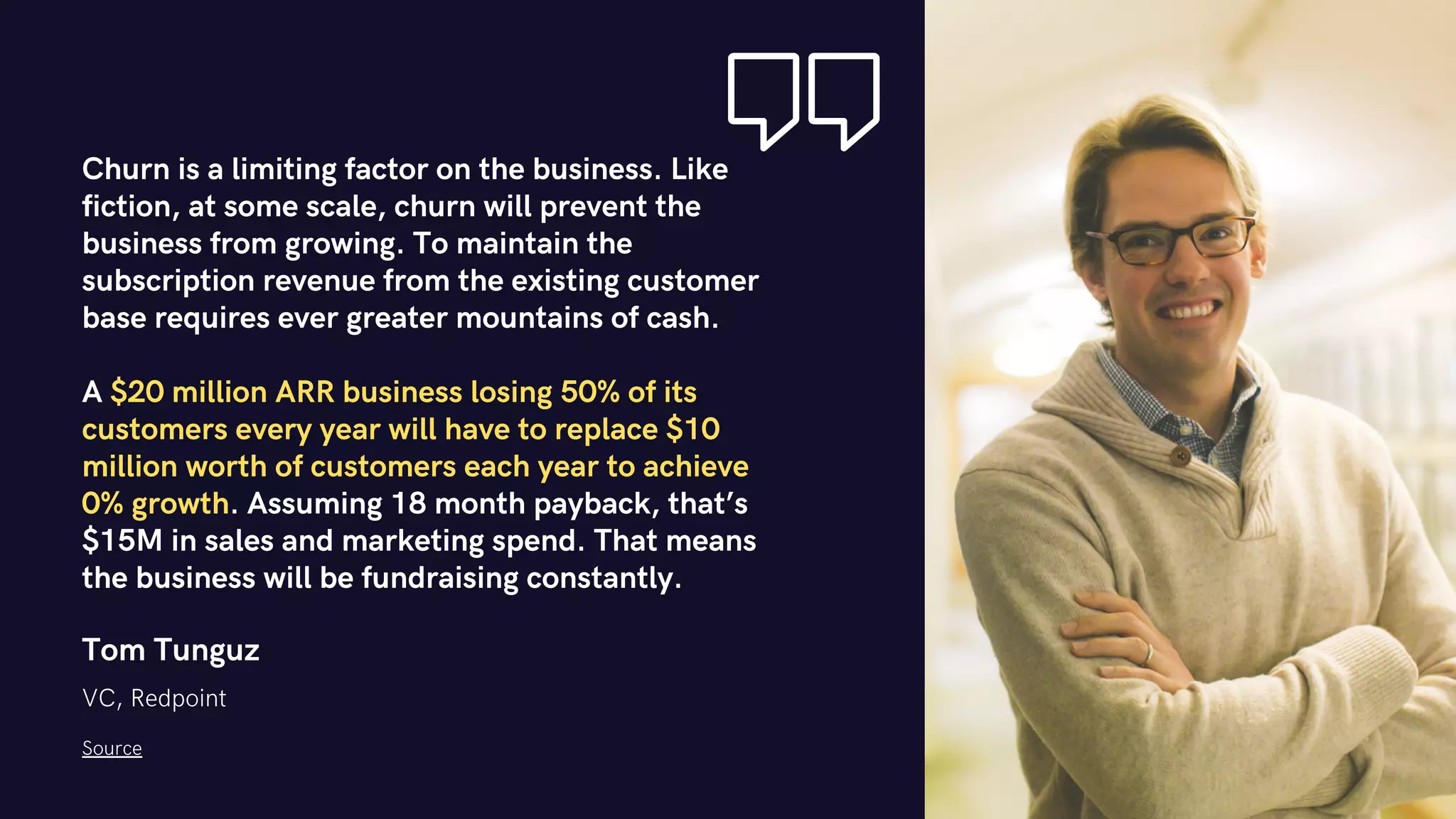 Tom Tunguz
VC, Redpoint
Churn is a limiting factor on the business. Like
fiction, at some scale, churn will prevent the
business from growing. To maintain the
subscription revenue from the existing customer
base requires ever greater mountains of cash.
A $20 million ARR business losing 50% of its
customers every year will have to replace $10
million worth of customers each year to achieve
0% growth. Assuming 18 month payback, that’s
$15M in sales and marketing spend. That means
the business will be fundraising constantly.
Source
 