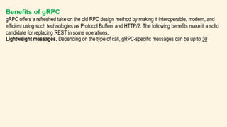 Benefits of gRPC
gRPC offers a refreshed take on the old RPC design method by making it interoperable, modern, and
efficie...