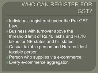 Individuals registered under the Pre-GST
Law.
Business with turnover above the
threshold limit of Rs.40 lakhs and Rs.10
lakhs for NE states and hill states.
Casual taxable person and Non-resident
taxable person.
Person who supplies via e-commerce.
Every e-commerce aggregator.
 