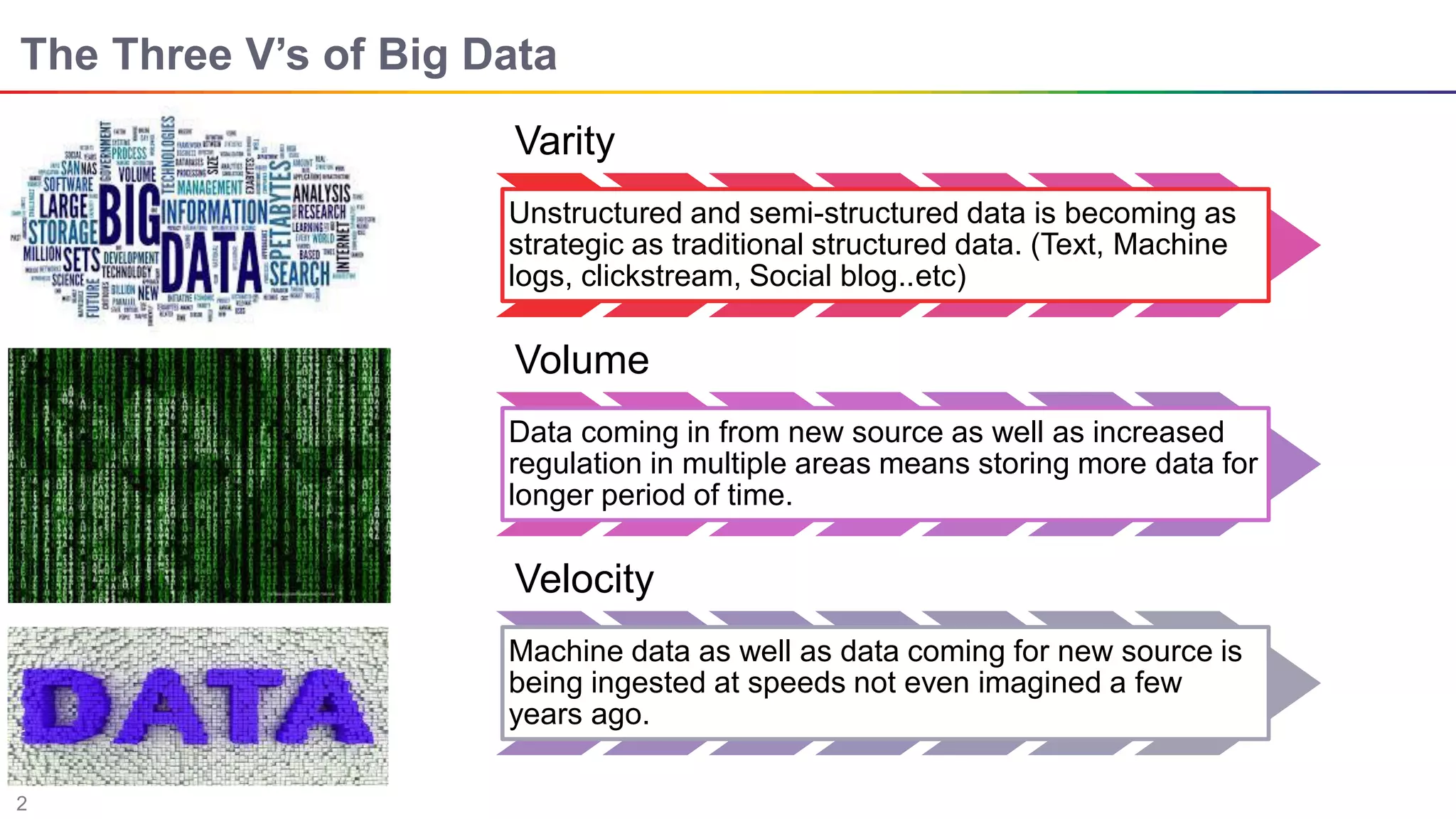2
The Three V’s of Big Data
Varity
Unstructured and semi-structured data is becoming as
strategic as traditional structured data. (Text, Machine
logs, clickstream, Social blog..etc)
Volume
Data coming in from new source as well as increased
regulation in multiple areas means storing more data for
longer period of time.
Velocity
Machine data as well as data coming for new source is
being ingested at speeds not even imagined a few
years ago.
 