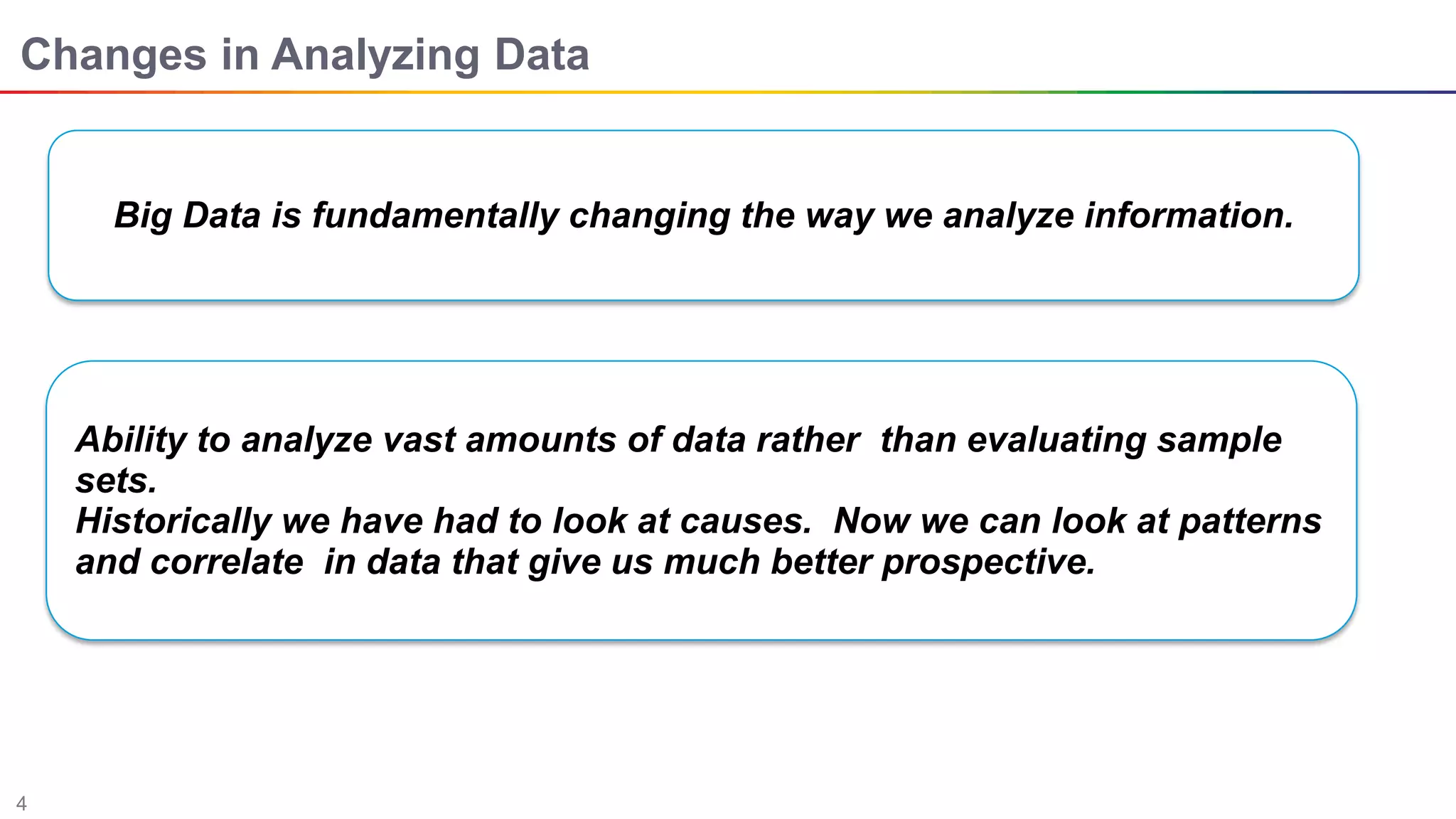 4
Changes in Analyzing Data
Big Data is fundamentally changing the way we analyze information.
Ability to analyze vast amounts of data rather than evaluating sample
sets.
Historically we have had to look at causes. Now we can look at patterns
and correlate in data that give us much better prospective.
 