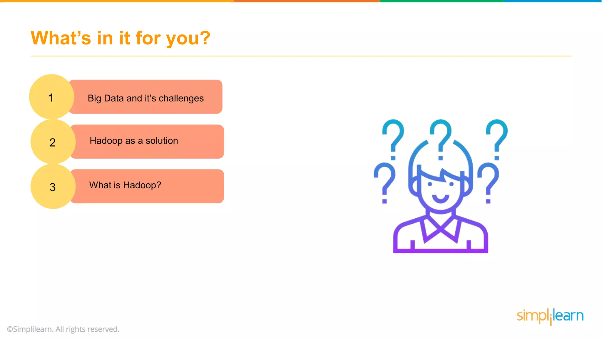 What’s in it for you?
1. Big Data and it’s challenges1
1. Hadoop as a solution2
1. What is Hadoop?3
 