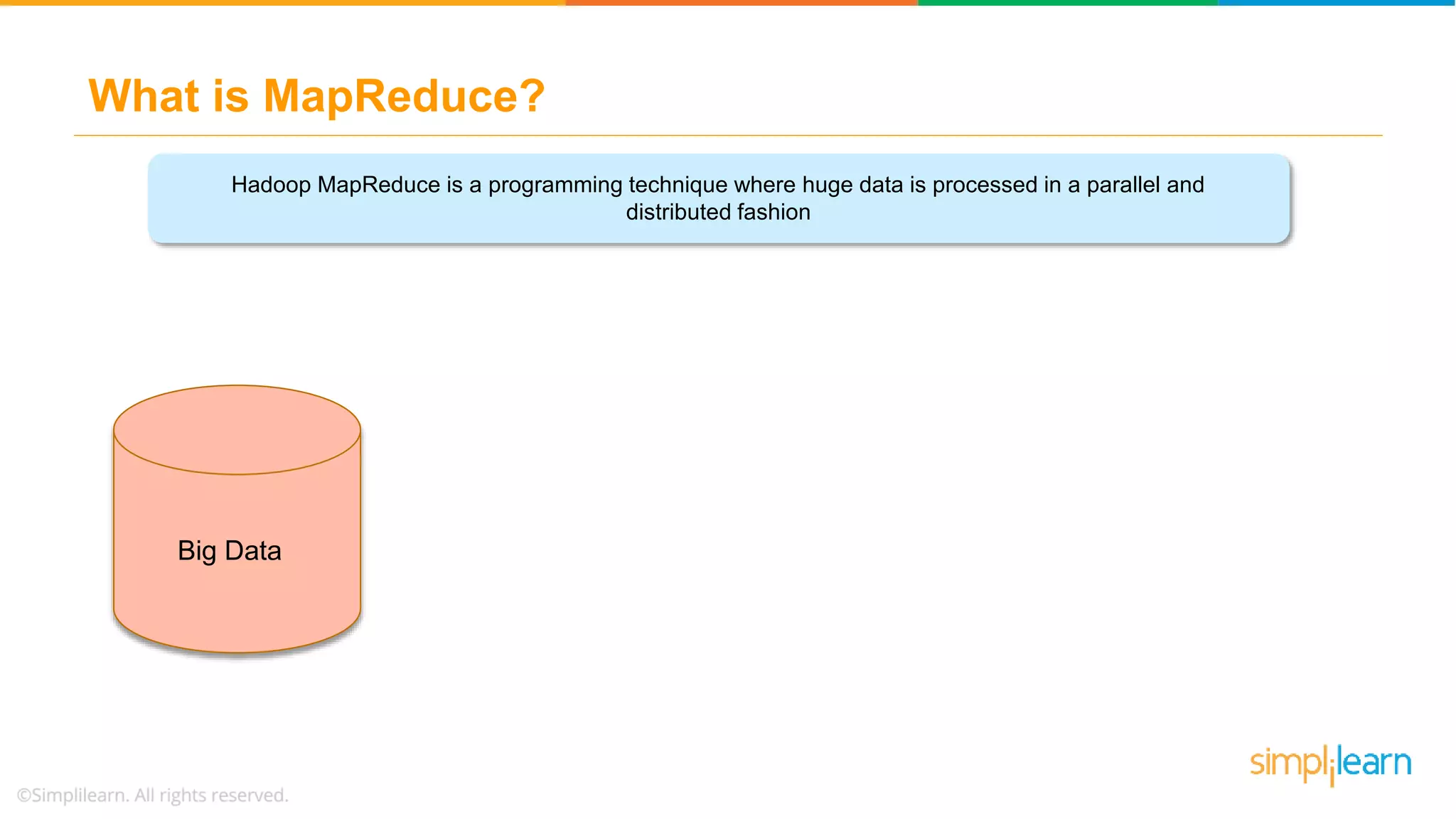 What is MapReduce?
VOLUME
STORING
Hadoop MapReduce is a programming technique where huge data is processed in a parallel and
distributed fashion
Big Data
 