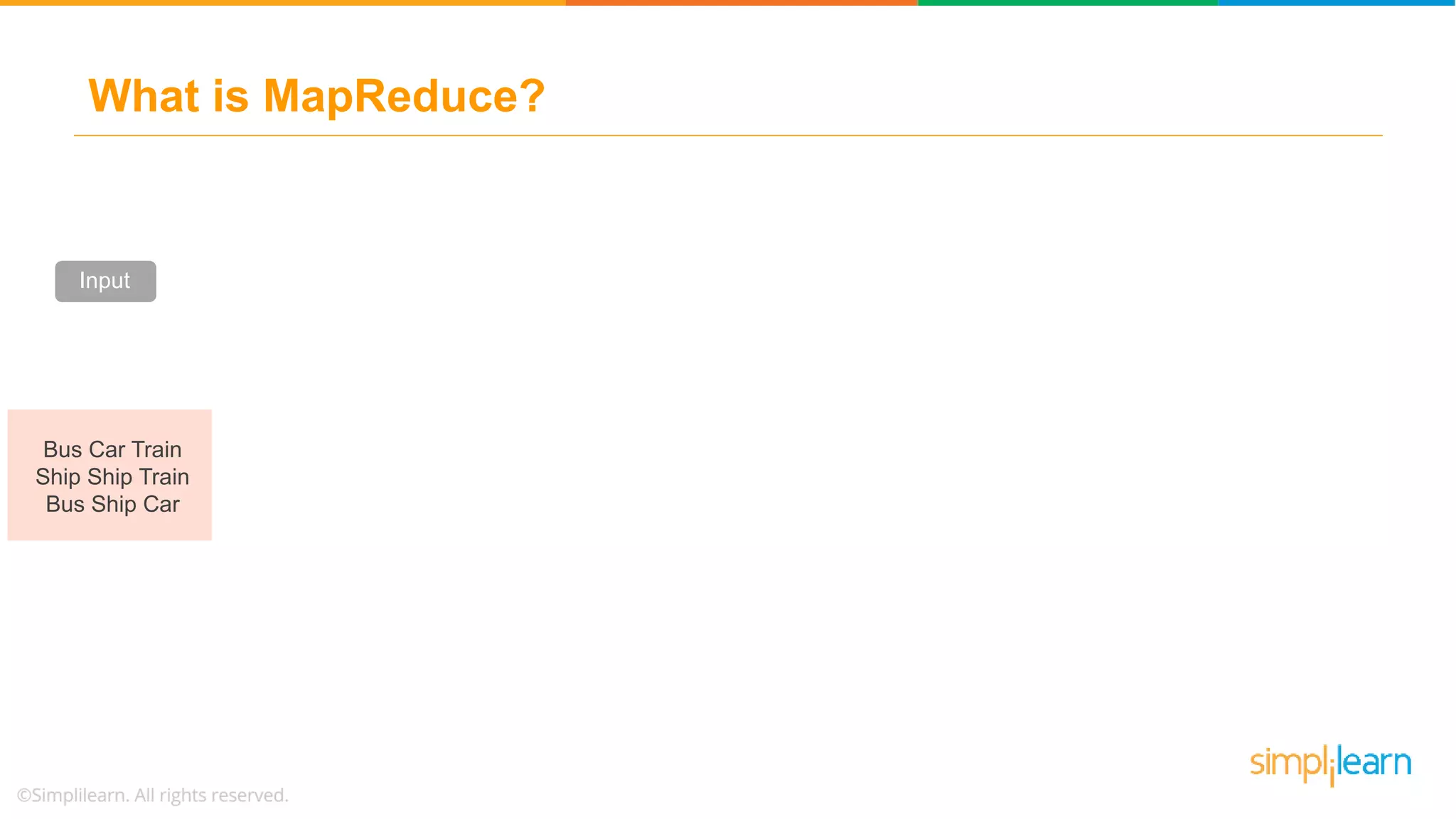What is MapReduce?
Input
Bus Car Train
Ship Ship Train
Bus Ship Car
 