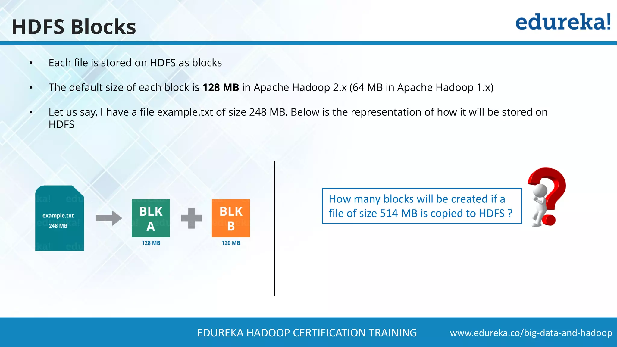 www.edureka.co/big-data-and-hadoopEDUREKA HADOOP CERTIFICATION TRAINING HDFS Blocks • Each file is stored on HDFS as blocks • The default size of each block is 128 MB in Apache Hadoop 2.x (64 MB in Apache Hadoop 1.x) • Let us say, I have a file example.txt of size 248 MB. Below is the representation of how it will be stored on HDFS How many blocks will be created if a file of size 514 MB is copied to HDFS ? 