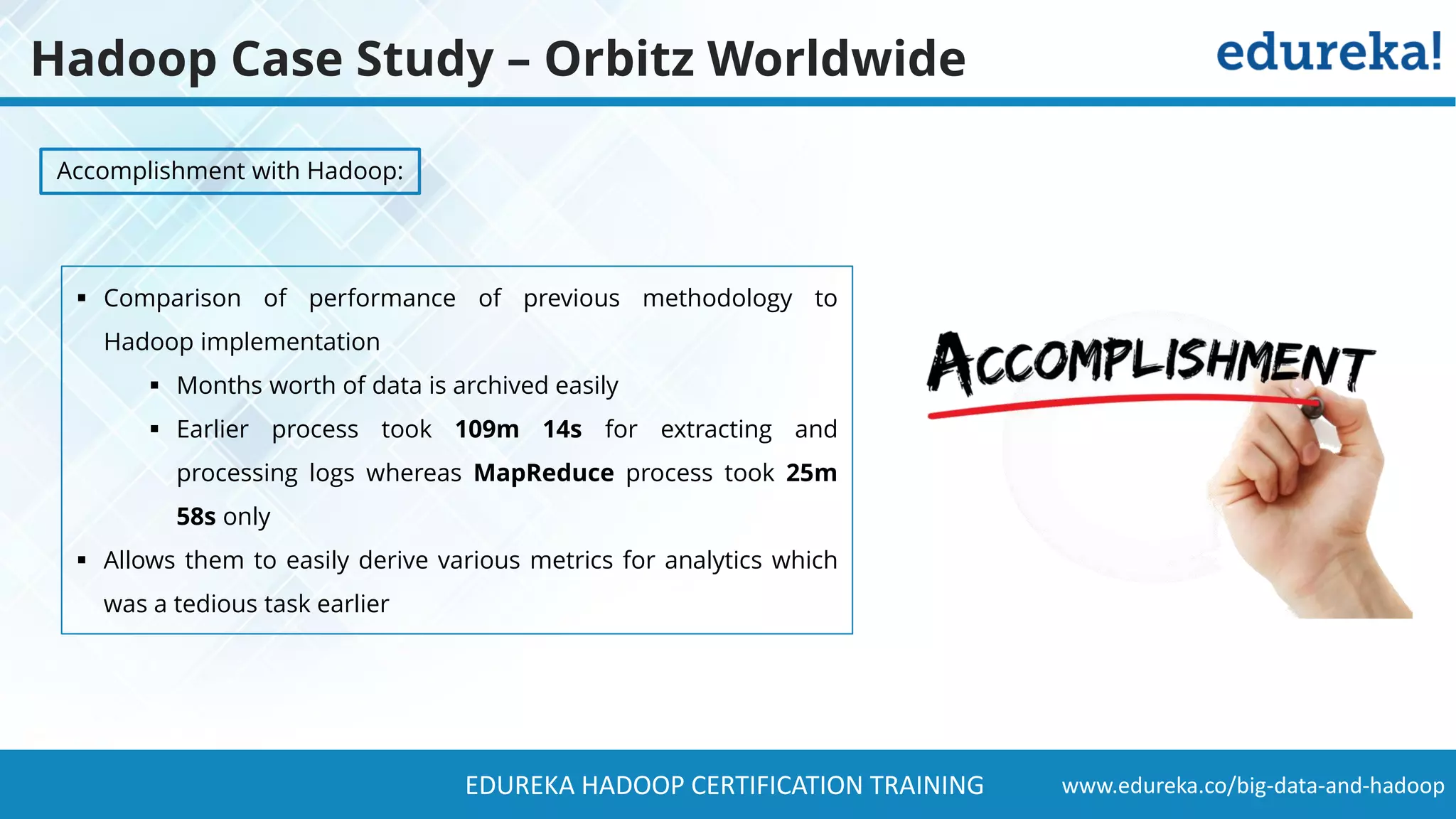 www.edureka.co/big-data-and-hadoopEDUREKA HADOOP CERTIFICATION TRAINING ▪ Comparison of performance of previous methodology to Hadoop implementation ▪ Months worth of data is archived easily ▪ Earlier process took 109m 14s for extracting and processing logs whereas MapReduce process took 25m 58s only ▪ Allows them to easily derive various metrics for analytics which was a tedious task earlier Accomplishment with Hadoop: Hadoop Case Study – Orbitz Worldwide 