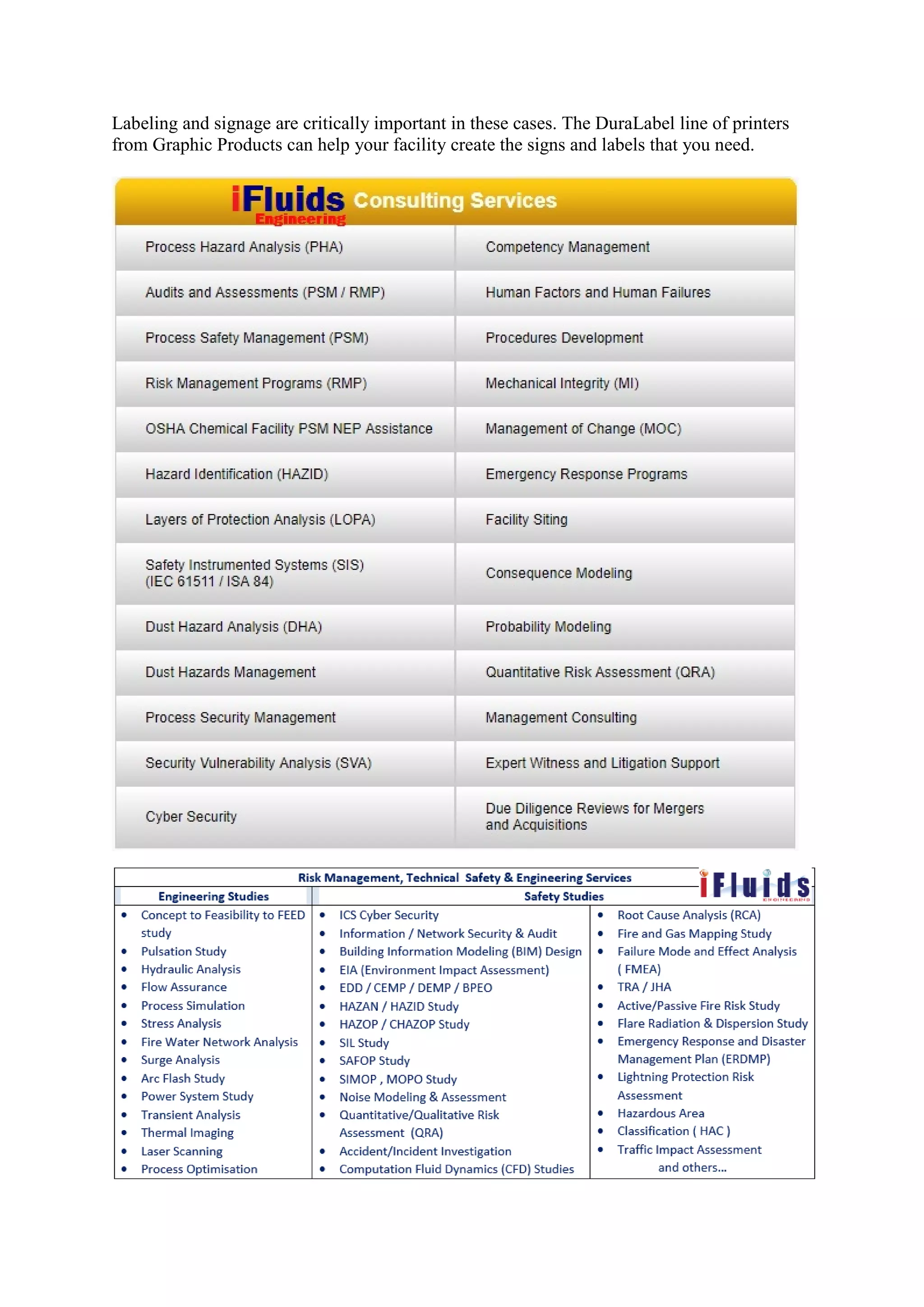Labeling and signage are critically important in these cases. The DuraLabel line of printers
from Graphic Products can help your facility create the signs and labels that you need.
 