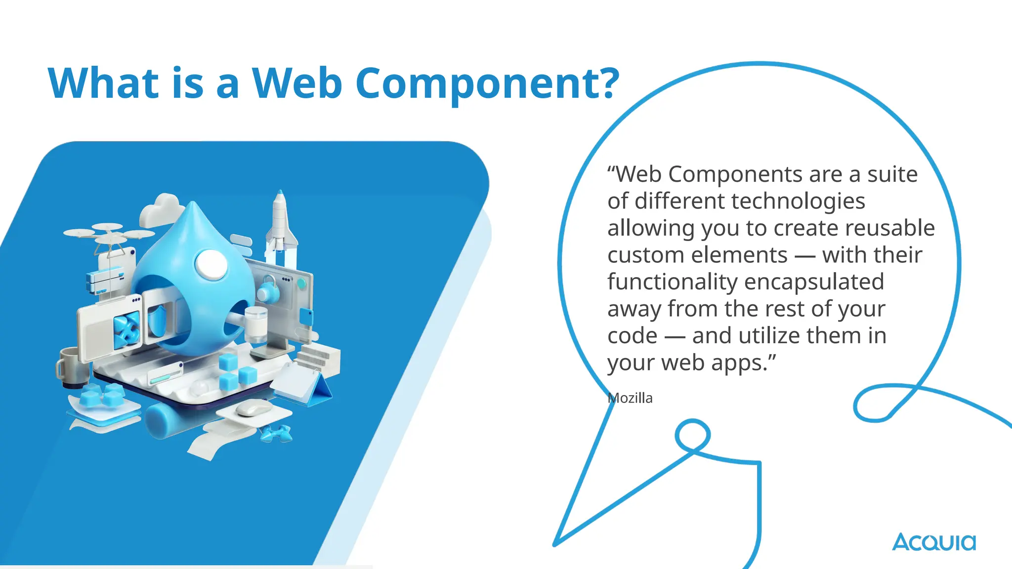 What is a Web Component?
“Web Components are a suite
of different technologies
allowing you to create reusable
custom elements — with their
functionality encapsulated
away from the rest of your
code — and utilize them in
your web apps.”
Mozilla
 