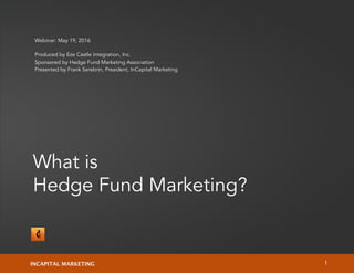 TEREBELLUM INVESTMENT GROUP, LLC
What is
Hedge Fund Marketing?
8INCAPITAL MARKETING 1
Webinar: May 19, 2016
Produced by Eze Castle Integration, Inc.
Sponsored by Hedge Fund Marketing Association
Presented by Frank Serebrin, President, InCapital Marketing
 