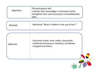 Of birch sap.
Objectives
The participants will:
improve their knowledge in Lithuanian herbs,
strengthen their communication and collaboration
skills.
Methods
Materials
Workshop “What is hidden in the cup of tea? ”
Lithuanian herbs: mint, nettle, chamomile,
motherwort (Leonurus cardiaca), cornflower,
marigold and others.
 