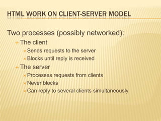 HTML WORK ON CLIENT-SERVER MODEL
Two processes (possibly networked):
 The client
 Sends requests to the server
 Blocks until reply is received
 The server
 Processes requests from clients
 Never blocks
 Can reply to several clients simultaneously
 