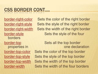 CSS BORDER CONT….
border-right-color Sets the color of the right border
border-right-style Sets the style of the right border
border-right-width Sets the width of the right border
border-style Sets the style of the four
borders
border-top Sets all the top border
properties in one declaration
border-top-color Sets the color of the top border
border-top-style Sets the style of the top border
border-top-width Sets the width of the top border
border-width Sets the width of the four borders
 