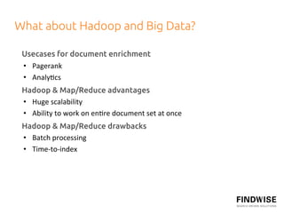What about Hadoop and Big Data?	
 	
 Usecases for document enrichment	
 •  Pagerank	
  
 •  Analy+cs	
  
 Hadoop & Map/Reduce advantages	
 •  Huge	
  scalability	
  
 •  Ability	
  to	
  work	
  on	
  en+re	
  document	
  set	
  at	
  once	
  
 Hadoop & Map/Reduce drawbacks	
 •  Batch	
  processing	
  
 •  Time-­‐to-­‐index	
  
 