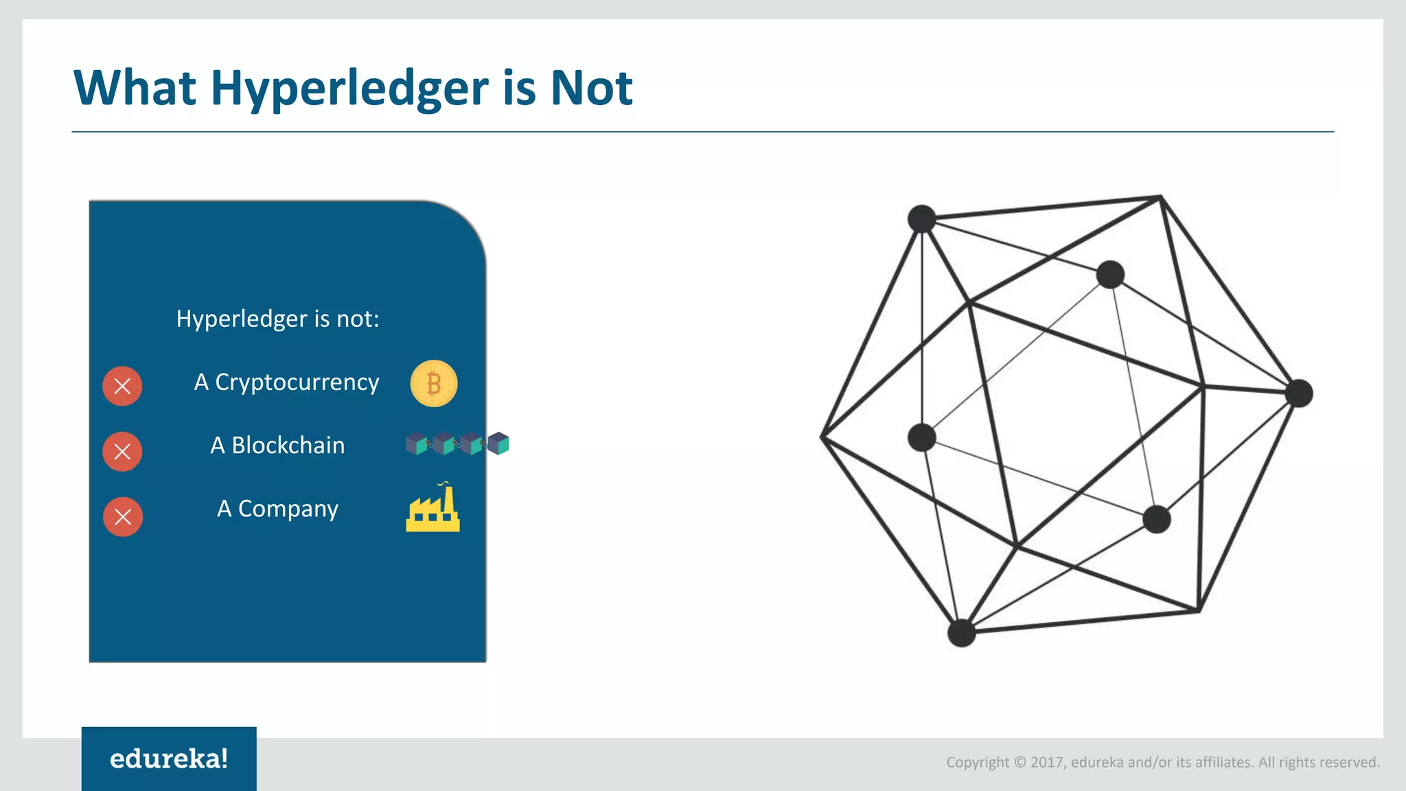 Copyright © 2017, edureka and/or its affiliates. All rights reserved.
Hyperledger is not:
A Cryptocurrency
A Blockchain
A Company
What Hyperledger is Not
 