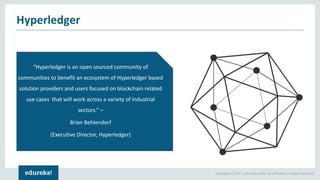 Copyright © 2017, edureka and/or its affiliates. All rights reserved.
“Hyperledger is an open sourced community of
communities to benefit an ecosystem of Hyperledger based
solution providers and users focused on blockchain related
use cases that will work across a variety of industrial
sectors.” –
Brian Behlendorf
(Executive Director, Hyperledger)
Hyperledger
 