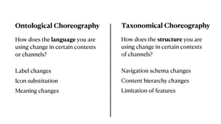 Ontological Choreography Taxonomical Choreography
Label changes Navigation schema changes
How does the language you are
using change in certain contexts
or channels?
How does the structure you are
using change in certain contexts
of channels?
Icon substitution Content hierarchy changes
Meaning changes Limitation of features
 