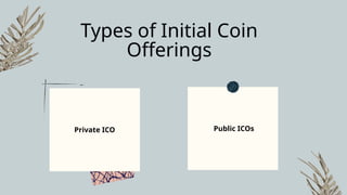 Private ICO Public ICOs
Types of Initial Coin
Offerings
 