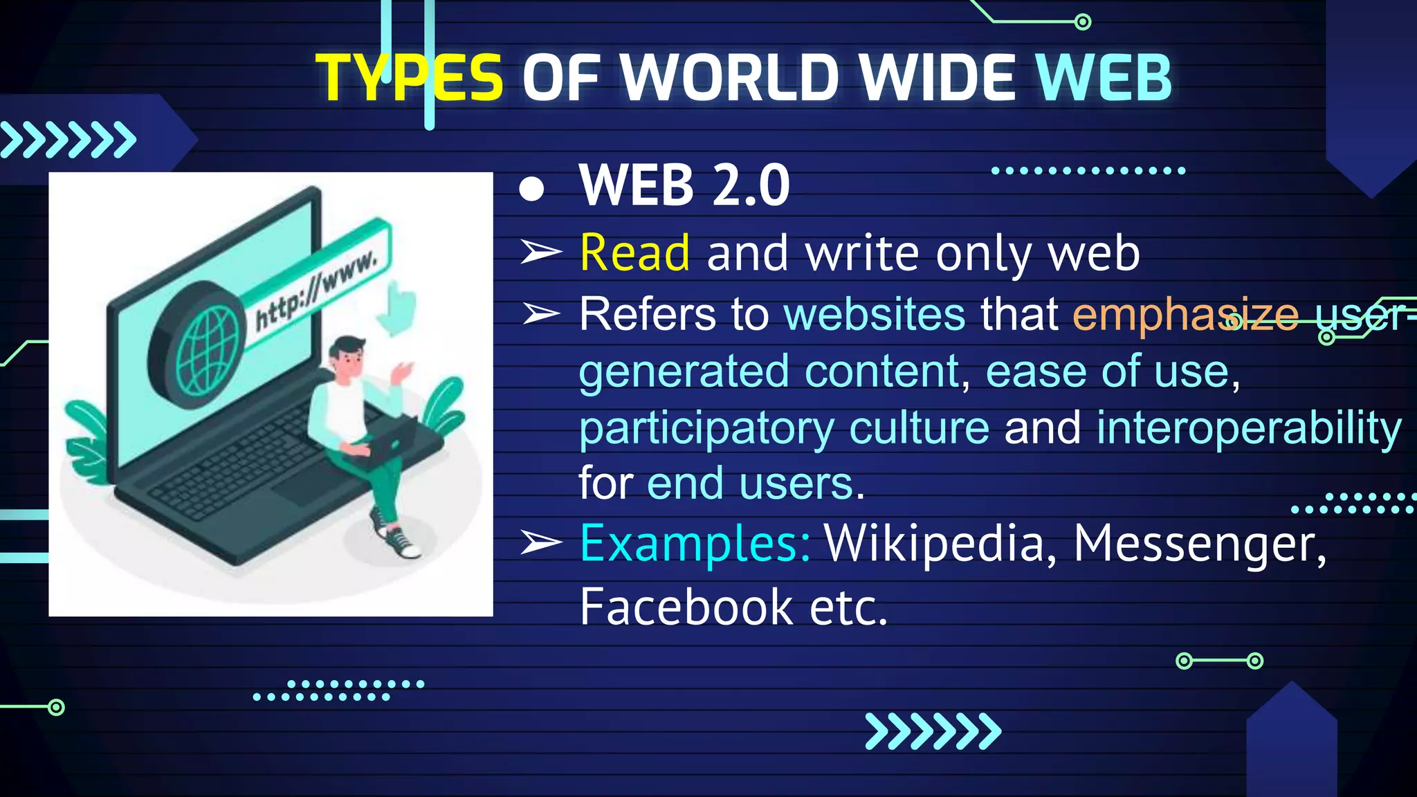 TYPES OF WORLD WIDE WEB
● WEB 2.0
➢ Read and write only web
➢ Refers to websites that emphasize user-
generated content, ease of use,
participatory culture and interoperability
for end users.
➢ Examples: Wikipedia, Messenger,
Facebook etc.
 