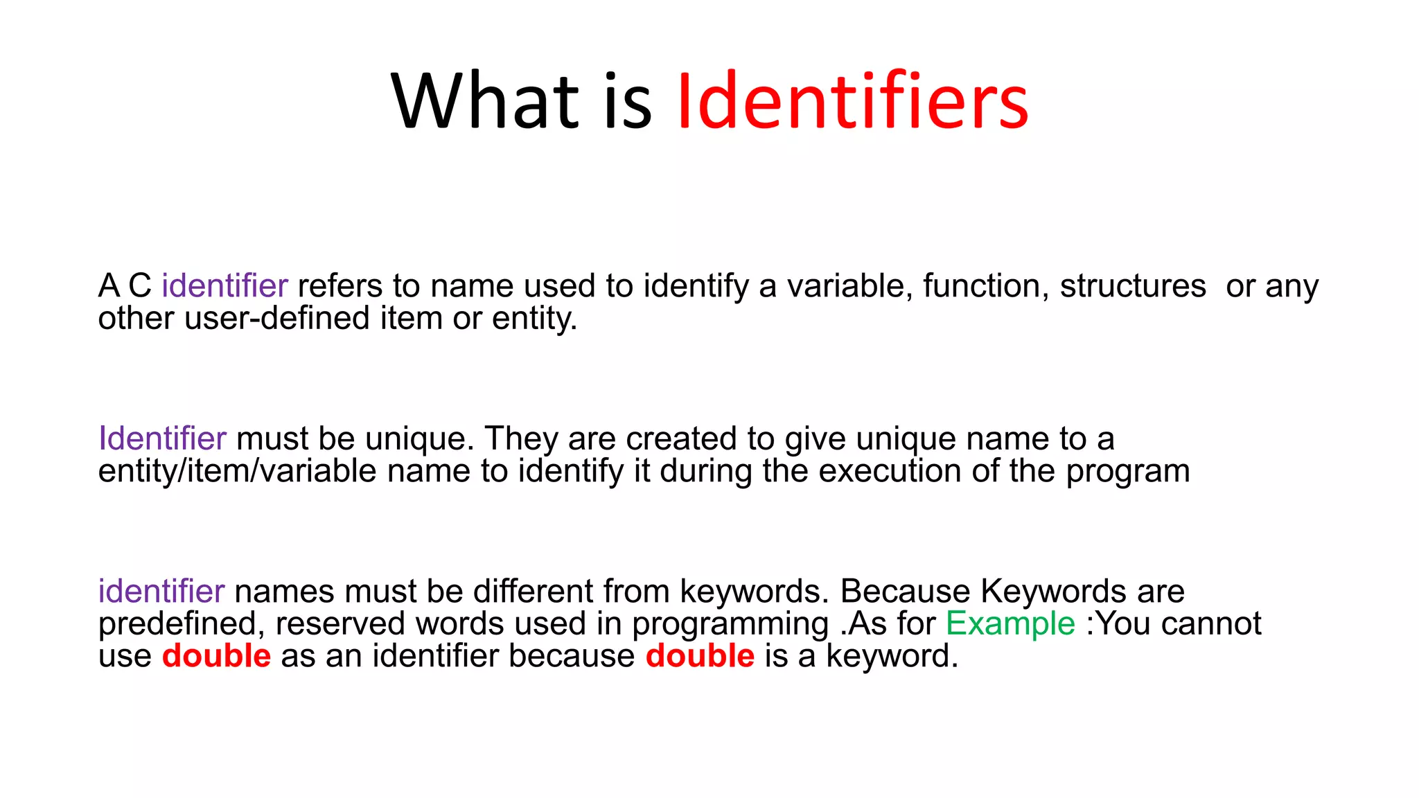 What is identifier c programming | PPTX