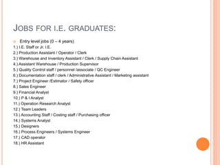 JOBS FOR I.E. GRADUATES:
 Entry level jobs (0 – 4 years)
1.) I.E. Staff or Jr. I.E.
2.) Production Assistant / Operator / Clerk
3.) Warehouse and Inventory Assistant / Clerk / Supply Chain Assistant
4.) Assistant Warehouse / Production Supervisor
5.) Quality Control staff / personnel /associate / QC Engineer
6.) Documentation staff / clerk / Administrative Assistant / Marketing assistant
7.) Project Engineer /Estimator / Safety officer
8.) Sales Engineer
9.) Financial Analyst
10.) P & I Analyst
11.) Operation Research Analyst
12.) Team Leaders
13.) Accounting Staff / Costing staff / Purchasing officer
14.) Systems Analyst
15.) Designers
16.) Process Engineers / Systems Engineer
17.) CAD operator
18.) HR Assistant
 