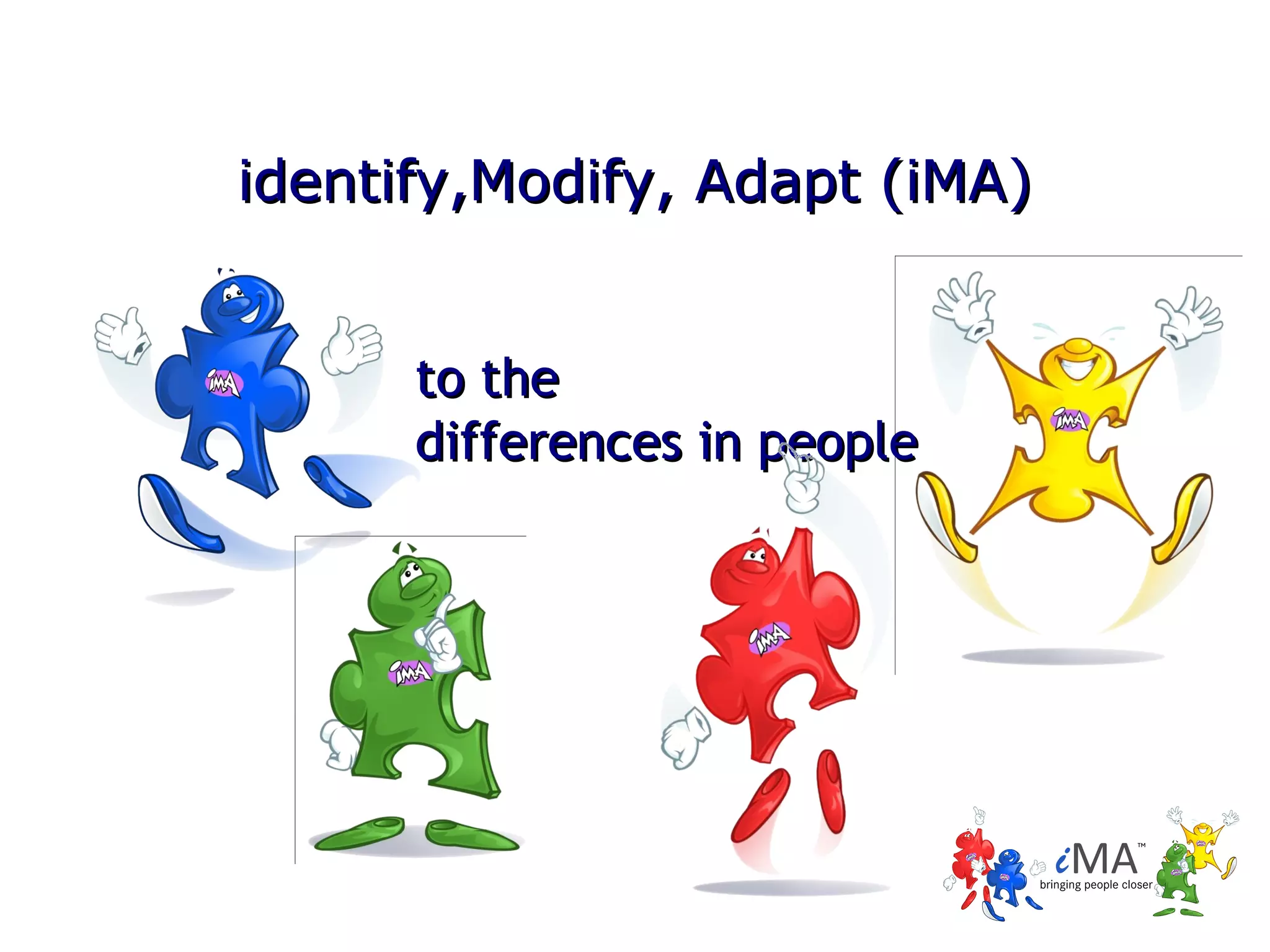 identify,Modify, Adapt (iMA)
to the
differences in people

 