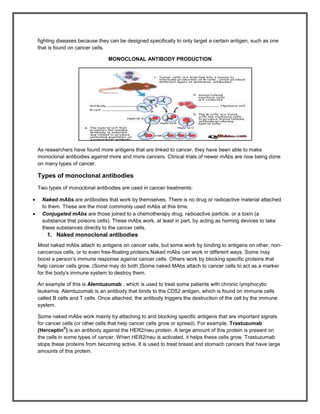 fighting diseases because they can be designed specifically to only target a certain antigen, such as one
that is found on cancer cells.

                               MONOCLONAL ANTIBODY PRODUCTION




As researchers have found more antigens that are linked to cancer, they have been able to make
monoclonal antibodies against more and more cancers. Clinical trials of newer mAbs are now being done
on many types of cancer.

Types of monoclonal antibodies
Two types of monoclonal antibodies are used in cancer treatments:

 Naked mAbs are antibodies that work by themselves. There is no drug or radioactive material attached
 to them. These are the most commonly used mAbs at this time.
 Conjugated mAbs are those joined to a chemotherapy drug, radioactive particle, or a toxin (a
 substance that poisons cells). These mAbs work, at least in part, by acting as homing devices to take
 these substances directly to the cancer cells.
    1. Naked monoclonal antibodies
Most naked mAbs attach to antigens on cancer cells, but some work by binding to antigens on other, non-
cancerous cells, or to even free-floating proteins.Naked mAbs can work in different ways. Some may
boost a person’s immune response against cancer cells. Others work by blocking specific proteins that
help cancer cells grow. (Some may do both.)Some naked MAbs attach to cancer cells to act as a marker
for the body's immune system to destroy them.

An example of this is Alemtuzumab , which is used to treat some patients with chronic lymphocytic
leukemia. Alemtuzumab is an antibody that binds to the CD52 antigen, which is found on immune cells
called B cells and T cells. Once attached, the antibody triggers the destruction of the cell by the immune
system.

Some naked mAbs work mainly by attaching to and blocking specific antigens that are important signals
for cancer cells (or other cells that help cancer cells grow or spread). For example, Trastuzumab
             ®
(Herceptin ) is an antibody against the HER2/neu protein. A large amount of this protein is present on
the cells in some types of cancer. When HER2/neu is activated, it helps these cells grow. Trastuzumab
stops these proteins from becoming active. It is used to treat breast and stomach cancers that have large
amounts of this protein.
 