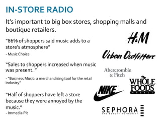 “86%	
  of	
  shoppers	
  said	
  music	
  adds	
  to	
  a	
  
store's	
  atmosphere”	
  
-­‐	
  Music	
  Choice	
  
IN-­‐STORE	
  RADIO	
  
It’s	
  important	
  to	
  big	
  box	
  stores,	
  shopping	
  malls	
  and	
  
boutique	
  retailers.	
  
“Sales	
  to	
  shoppers	
  increased	
  when	
  music	
  
was	
  present.	
  ”	
  
-­‐	
  “Business	
  Music:	
  a	
  merchandising	
  tool	
  for	
  the	
  retail	
  
industry”	
  
“Half	
  of	
  shoppers	
  have	
  left	
  a	
  store	
  
because	
  they	
  were	
  annoyed	
  by	
  the	
  
music.”	
  
-­‐	
  Immedia	
  Plc	
  
 