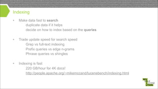 Let’s create an index
•

Tree structure
– sorted for range queries
– O(log(n)) search

sql
index

data

term

Lucene

Luce...