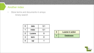 Another index
•

Store terms and documents in arrays
– binary search

0

0,1

1

Segment

data
index

0,1

2

Lucene

0

3...
